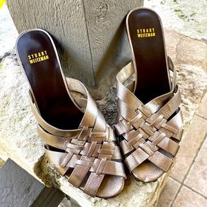 Stuart Weitzman opened toed leather slide heeled sandals